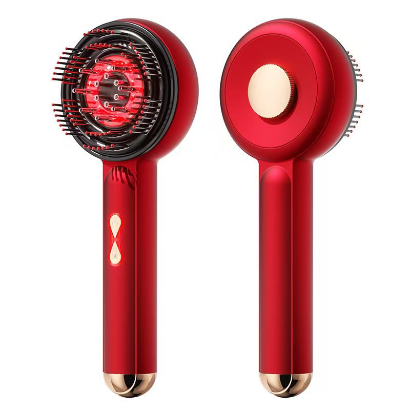 A red LED hair growth brush with gold accents on the handle, shown from two angles to display the front and back.